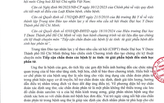 THÔNG BÁO CHIÊU SINH CHƯƠNG TRÌNH ĐÀO TẠO “TIẾP CẬN CHẨN ĐOÁN CÁC BỆNH LÝ ÁC TÍNH: TỪ GIẢI PHẪU BỆNH ĐẾN SINH HỌC PHÂN TỬ” - 2024